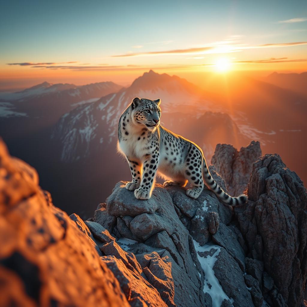 Snow leopard on mountain peak at dawn, golden rim light
