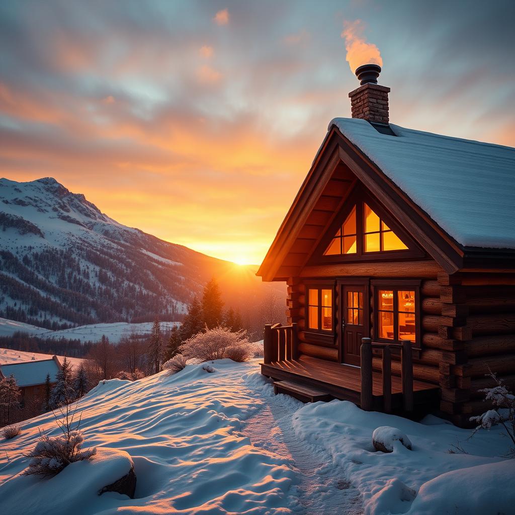 A cozy wooden cabin in snowy mountains at golden hour sunset