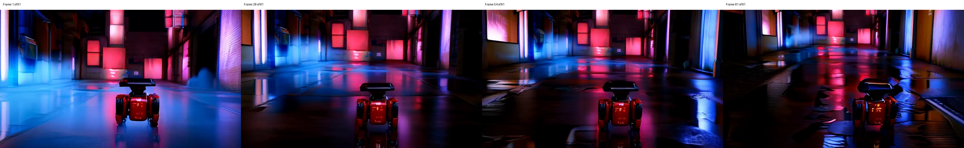 Four sampled frames of a wheeled robot in a coherent neon alley